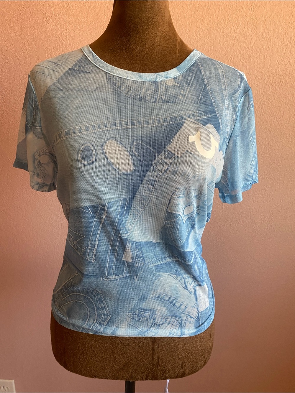 TRUE RELIGION  Transparent Light Blue Denim-Print Short Sleeve Tee
